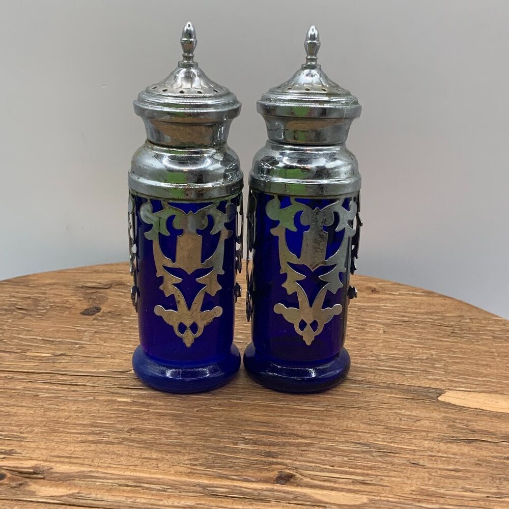 Coblat Blue Glass Vintage Japan Silver Plated Salt and Pepper Shakers